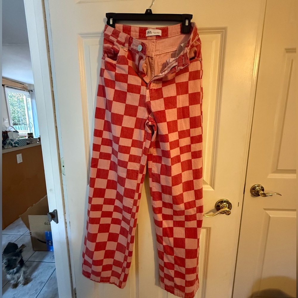 Zara Red and White Checkered Straight Leg Jeans